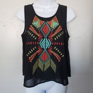 Lush XS Black Chiffon Tank Top Sleeveless Blouse Western Embroidery Keyhole